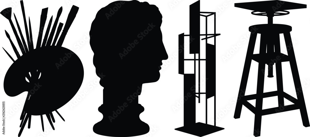 Naklejka premium Set of black silhouette art studio icons featuring paint palette with brushes, classical bust, modern sculpture, and artist stool