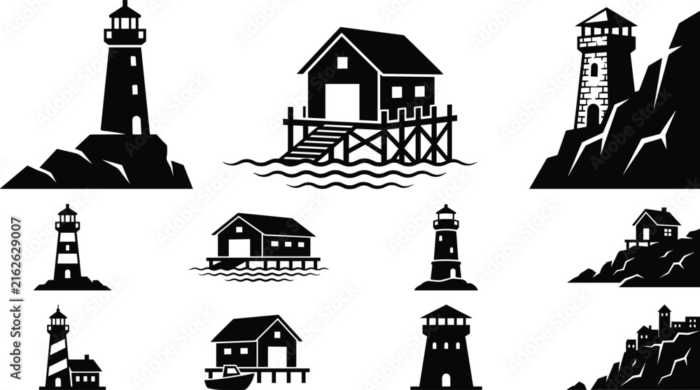 Naklejka premium Set of black silhouette nautical icons featuring coastal lighthouses, rocky cliff houses, and fishing boat cabins