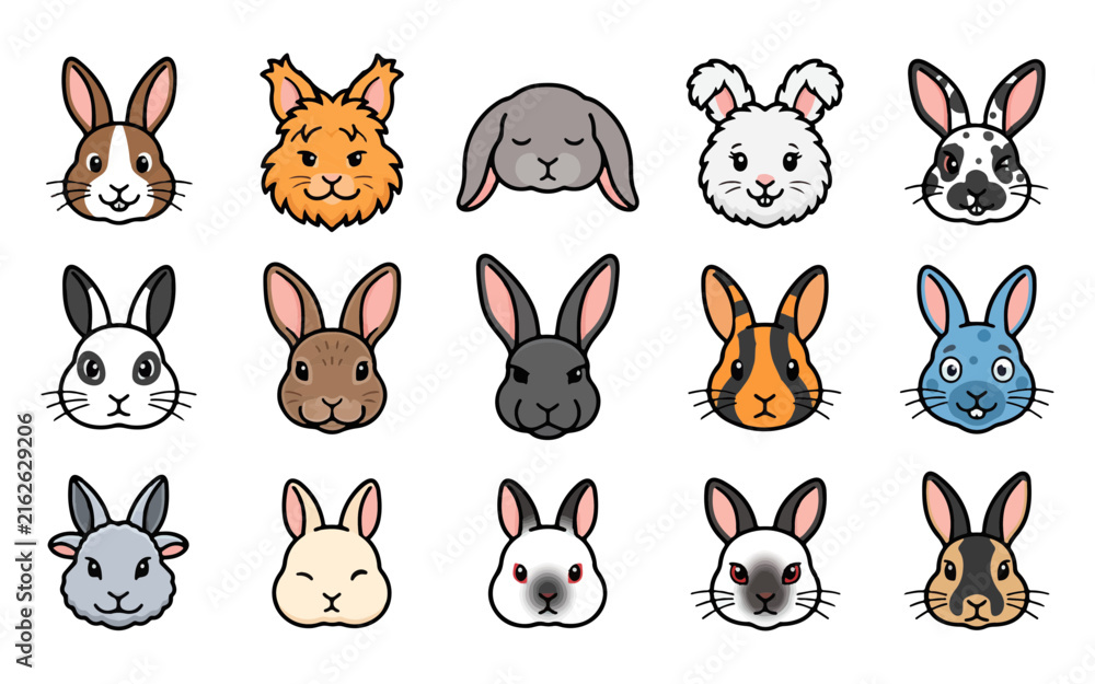 Fototapeta premium Cute Rabbit and Bunny Character Collection, Colorful Cartoon Animal Faces