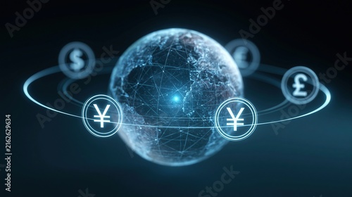 Digital globe with glowing currency symbols orbiting representing global finance and international trade networks