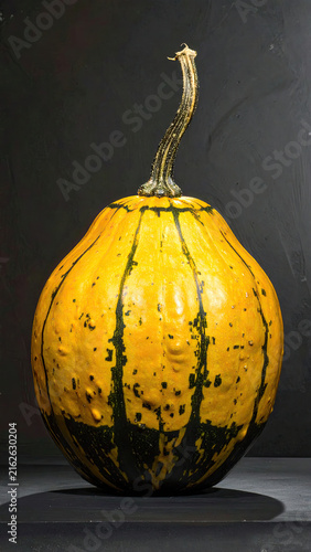 Unique Yellow and Black Pumpkin with Curved Stem for Autumn Decor