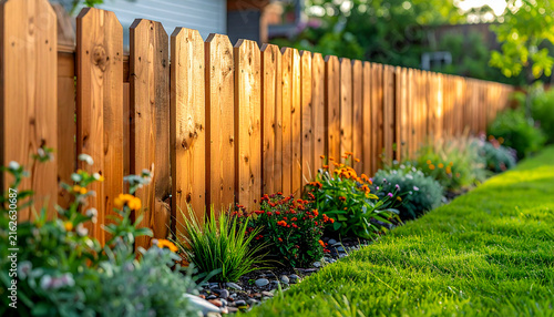 Natural Wooden Garden Fence Surrounded by Flowers and Fresh Green Lawn
木のフェンスと草花、緑の芝生が広がる自然と調和した庭
