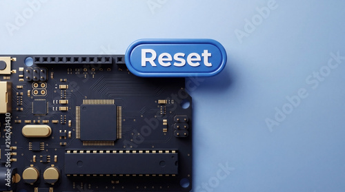 Obraz na płótnie 3D reset button icon on circuit board background with electronic, microchip