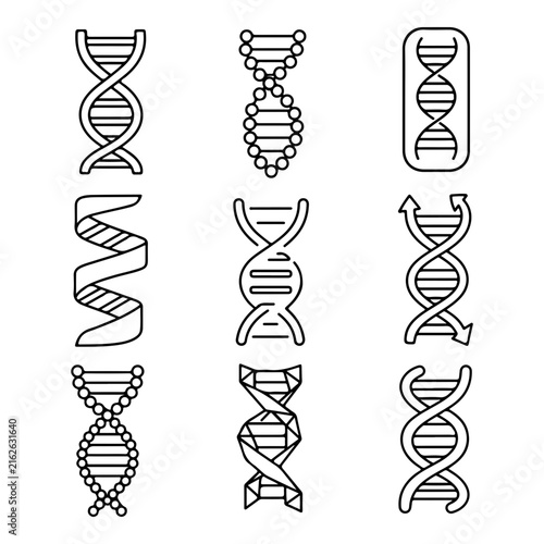 A collection of various DNA helix line art icons are arranged in a grid on a white.
