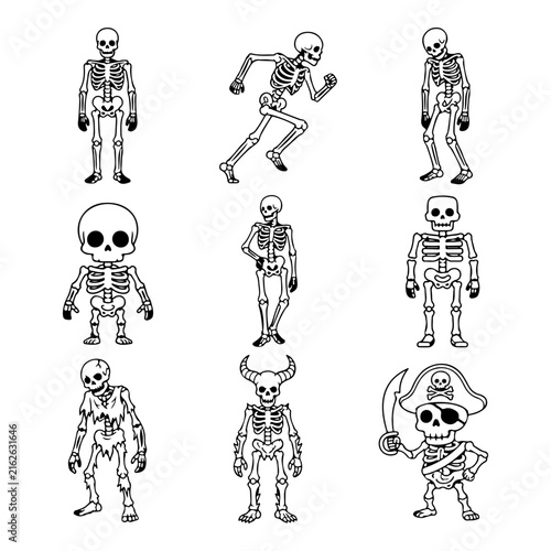 A collection of various skeleton characters is displayed as simple black and white line.