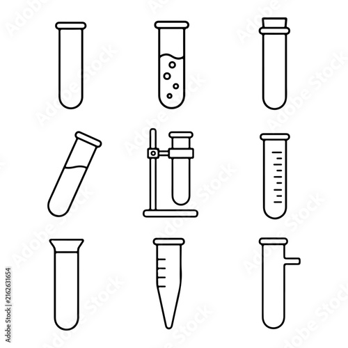 A set of nine black and white line art icons depicting various laboratory test tubes.