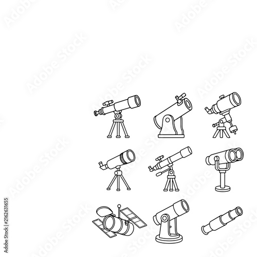 A collection of simple line art illustrations depicts various types of astronomical.