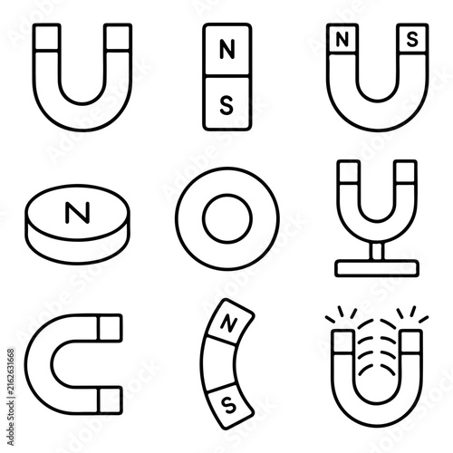 Minimalist line art icons depicting various types of magnets and magnetic poles.