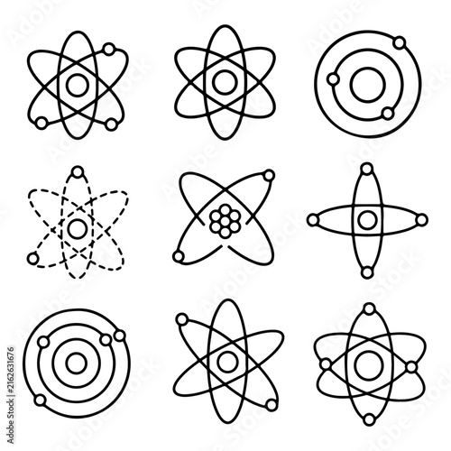 Set of nine black line art icons representing atoms and orbits on a white background.