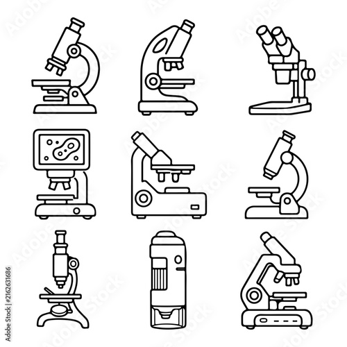 A set of nine scientific microscope line icons isolated on a white background.