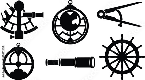 Canvastavla Vector silhouette set of vintage nautical navigation instruments including ship