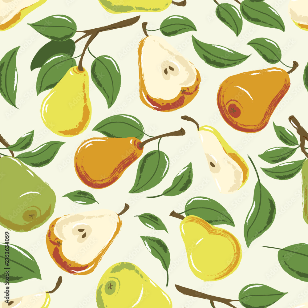 Naklejka premium Vector watercolor pear seamless pattern. Hand drawn fruit background. Wrapping paper, fashion textile print design
