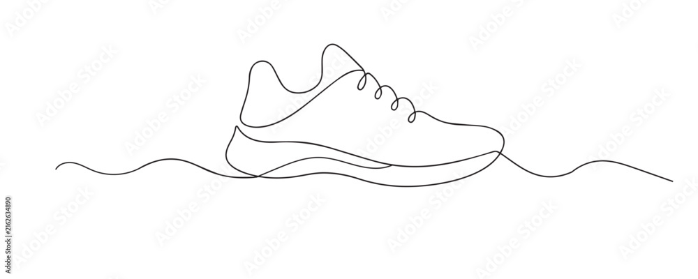 Fototapeta premium Single line drawing of a running shoe. Continuous line drawing of a lightweight athletic sneaker designed for running and exercise. Representing fitness, speed, and active lifestyle.