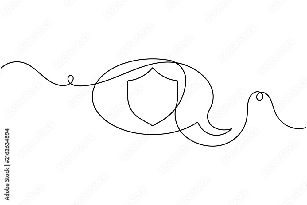 Obraz premium Security shield in speech bubble icon sign continuous one line drawing on white background minimalist single art defense of message and conversation symbol editable outline vector illustration