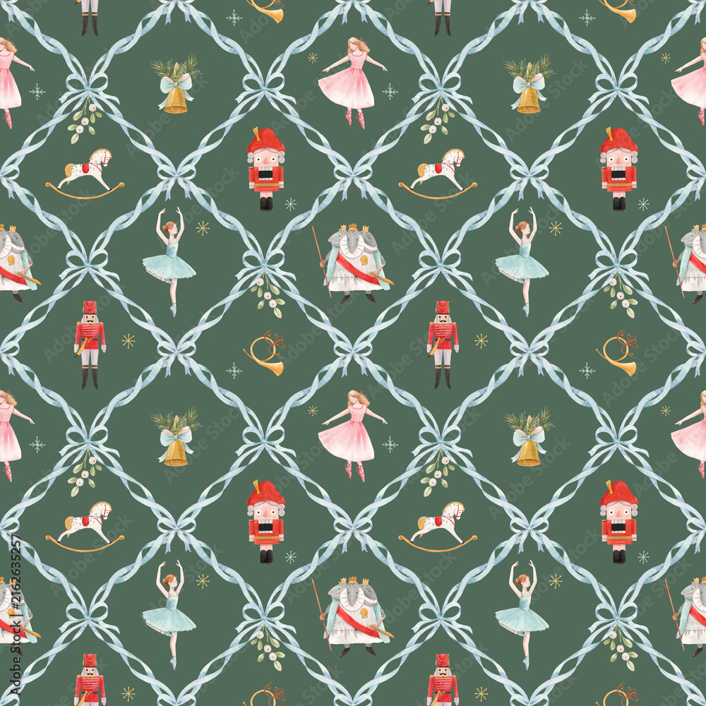Fototapeta premium Watercolor Christmas Nutcracker Seamless Pattern with Ballerina, Mouse King and Ribbon Lattice