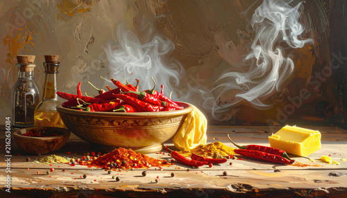 Spicy Red Chili Peppers in a Rustic Bowl with Aromatic Smoke