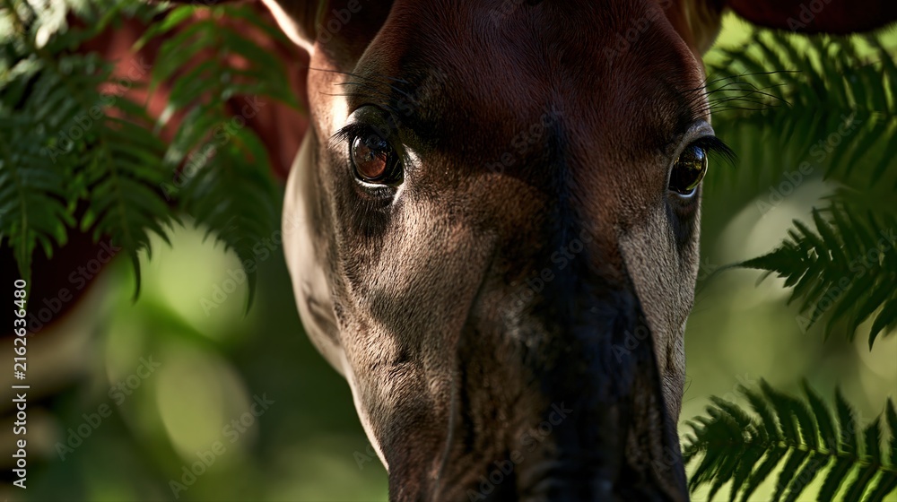 Naklejka premium Okapi close up looking through ferns