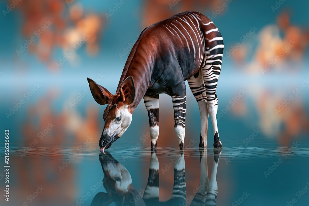 Naklejka premium Okapi drinking water with reflection