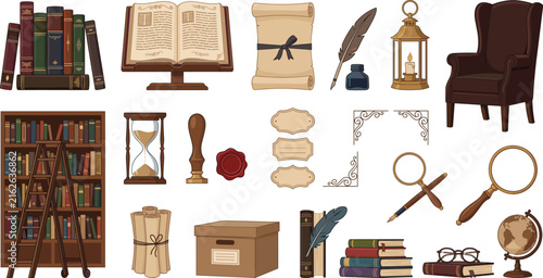 Vintage scholarly objects illustration set with books, quill, lantern, and study toolsVintage scholarly objects illustration set with books, quill, lantern, and study tools