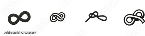 A premium black-and-white flat vector icon of an overhand knot in modern UI style, featuring solid black lines and fills against a pure white background