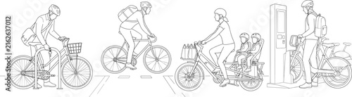 Urban cycling silhouettes including commuting, cargo bikes, and bike-sharingUrban cycling silhouettes including commuting, cargo bikes, and bike-sharing