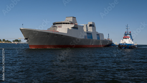 SHIPBUILDING INDUSTRY - The new multipurpose frigate, after being launched, returns to the shipyard accompanied by tugboats