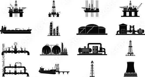Oil, gas, and energy industry infrastructure silhouettesOil, gas, and energy industry infrastructure silhouettes