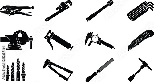 Collection of workshop silhouette icons with wrenches, pliers, and measuring toolsCollection of workshop silhouette icons with wrenches, pliers, and measuring tools