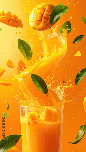 Fresh Mango Juice Splash with Fruit and Leaves in Bright Setting