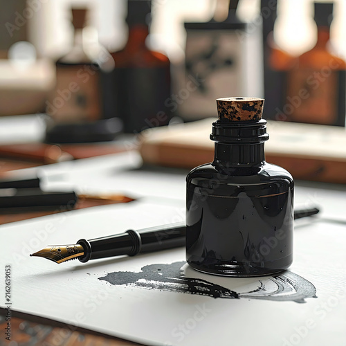 Elegant ink bottle and fountain pen on artistic paper