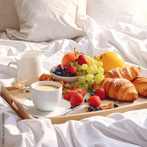 Breakfast in Bed with Fresh Fruits and Croissants on Bedside Tray