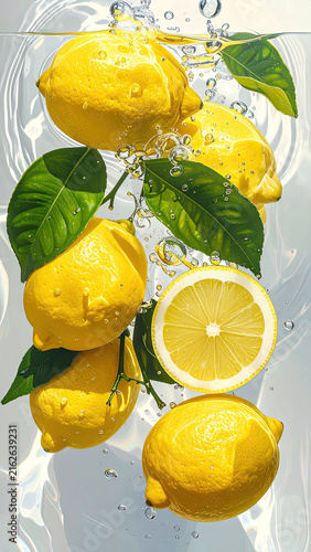 Fresh Lemons with Green Leaves in Water for Refreshing Concept