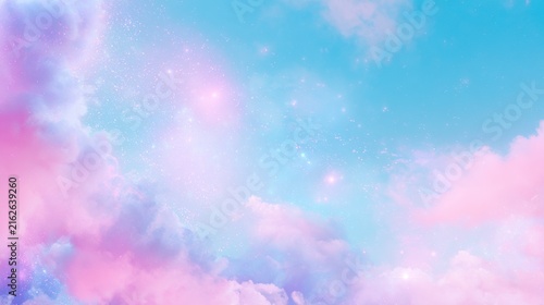 Pastel pink and blue sky with sparkling stars and wispy clouds