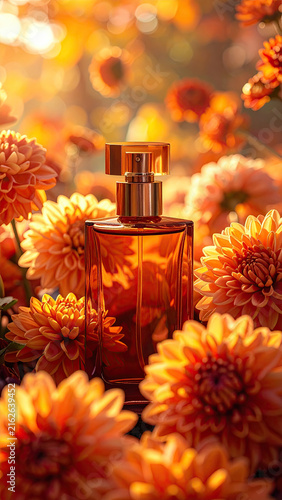Elegant Perfume Bottle Displayed Among Vibrant Autumn Flowers