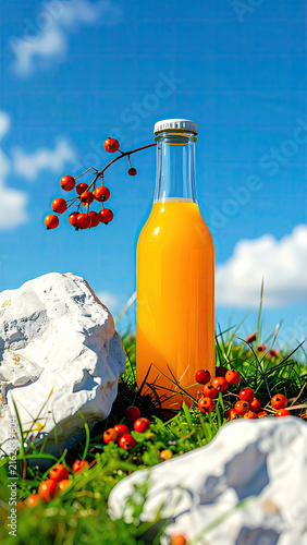 Refreshing orange juice bottle outdoors with berries and rocks
