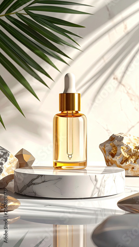 Elegant skincare serum with dropper on marble surface