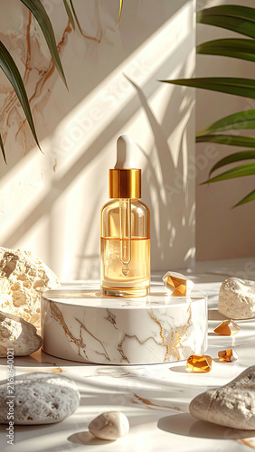 Elegant skincare serum bottle on marble platform with natural sunlight