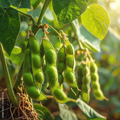 Fresh Green Edamame Beans Growing on Plant in Sunlight