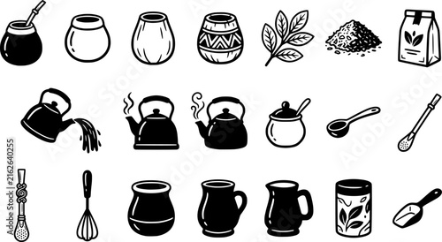 Yerba Mate Tea Vector Icon Set with Calabash Gourds, Bombilla Straws, Kettles, Leaves and Traditional Brewing Accessories