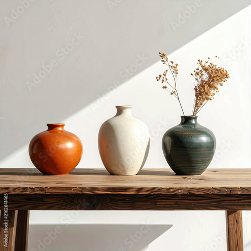 Elegant Ceramic Vases with Dried Flowers on Wooden Table
