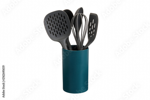 Cuadro en lienzo Grey Silicone Kitchen Utensil Set in Teal Holder