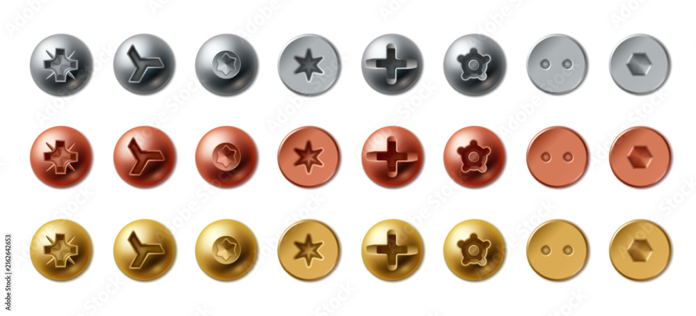 Fototapeta premium Bolt heads and metal screws isolated on white background. Vector realistic illustration of shiny steel, golden, bronze fasteners with round hats, top view hardware icons for industrial illustrations