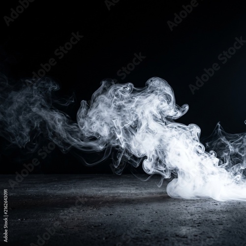 Mystic white smoke swirls on black background, abstract fog rising from dark concrete floor, atmospheric vapor cloud texture, moody monochrome stream