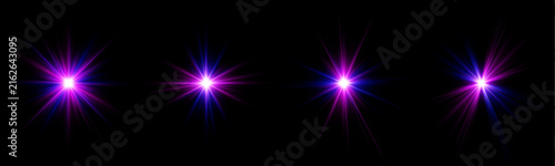 Neon star set glows brightly on a dark abstract background. Pink, blue, and purple spark flares create a magical atmosphere. Colorful collection of shining neon stars.