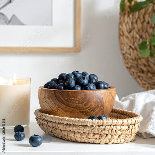 Fresh blueberries in a wooden bowl on a modern kitchen table