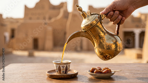 Saudi Coffee Served from a Dallah into a Traditional Finjan.