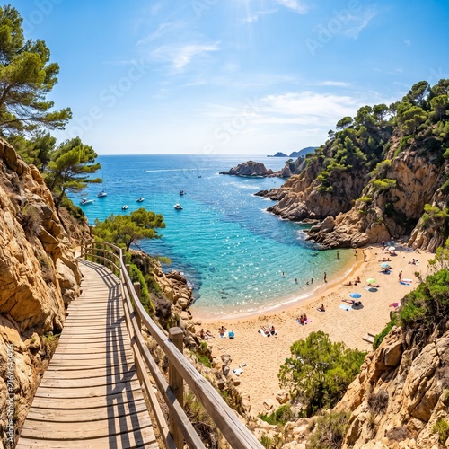 Staircases to Paradise: Wooden Steps Leading to a Turquoise Mediterranean Sea Cove with Sandy Beach, Sunbathers, Pine Trees, and Cliff Pathway Under Bright Blue Sky