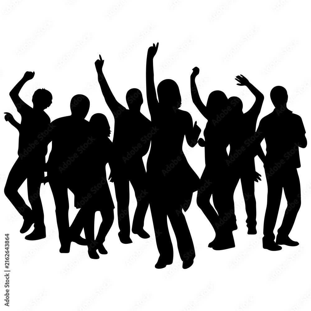 Fototapeta premium Group of joyful dancers silhouette in motion for energetic club poster and event branding.