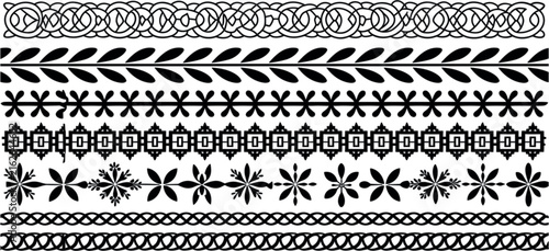 Vintage decorative seamless borders set, antique Celtic knot botanical leaf floral trim vector illustration