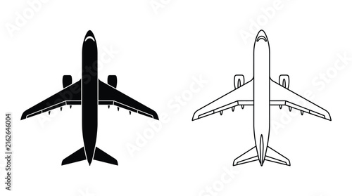 Airplane silhouettes a black filled version and a black line drawing